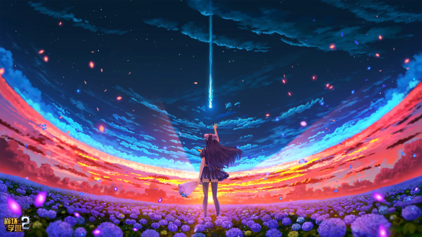 1girl benghuai_xueyuan black_hair bouquet bow clouds cloudy_sky copyright_name field flower flower_field from_behind hair_bow highres holding holding_bouquet honkai_(series) long_hair night night_sky official_art raiden_mei school_uniform second-party_source sky solo standing star_(sky) starry_sky