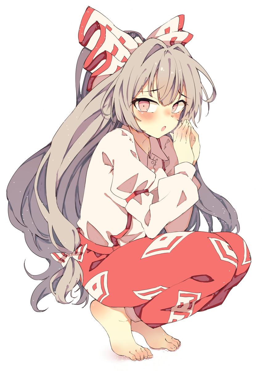 1girl absurdres barefoot blush bow collared_shirt commentary_request feet fujiwara_no_mokou furrowed_brow hair_bow highres long_hair long_sleeves multiple_hair_bows ofuda ofuda_on_clothes open_mouth own_hands_together pants red_eyes red_pants seika_okawari shirt squatting suspenders tiptoes toenails toes touhou very_long_hair white_background white_hair white_shirt