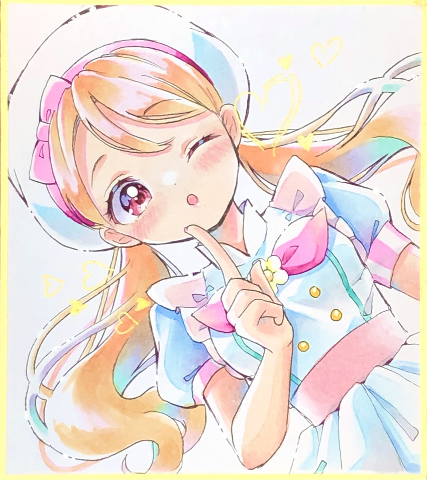 1girl absurdres apron arm_up blush border bow commentary_request dress flower_brooch hat hat_bow heart highres index_finger_raised kirakira_patisserie_uniform kirakira_precure_a_la_mode lilylily0601 long_hair magical_girl one_eye_closed open_mouth orange_hair precure puffy_sleeves red_eyes short_sleeves solo twintails usami_ichika white_background white_headwear yellow_border