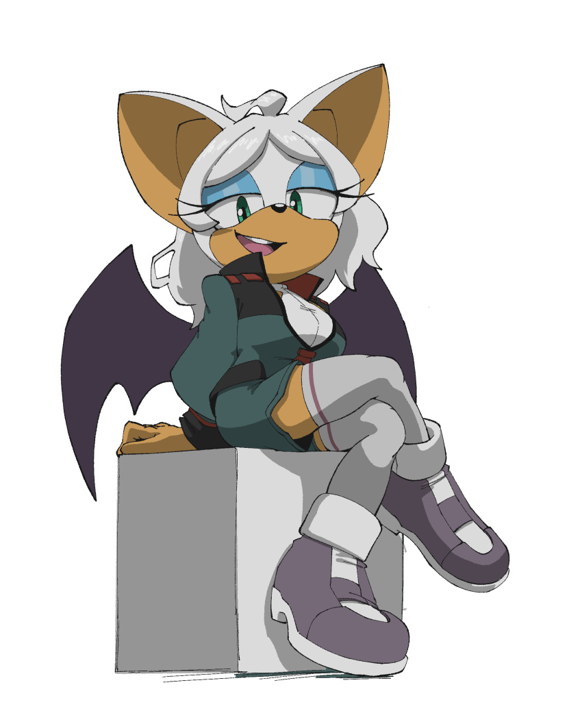 1girl absurdres animal_ears animal_nose asticassia_school_uniform bat_ears bat_girl bat_wings blue_eyes blue_eyeshadow english_commentary eyeshadow full_body furry furry_female green_jacket green_shorts grey_footwear gundam gundam_suisei_no_majo highres jacket lazerpotaters long_hair long_sleeves looking_at_viewer makeup open_mouth rouge_the_bat school_uniform secelia_dote shirt shoes short_shorts shorts simple_background sitting smile solo sonic_(series) thigh-highs white_background white_fur white_hair white_shirt white_thighhighs wings