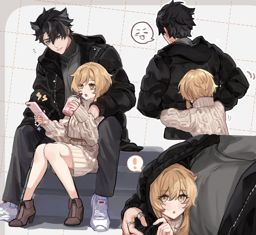! 1boy 1girl alternate_costume black_hair blonde_hair blush brown_footwear cellphone cup disposable_cup ear_piercing genshin_impact grey_hair grey_pants grey_skirt grey_sweater hair_between_eyes hetero highres holding holding_cup holding_phone hug hug_from_behind jacket long_sleeves lumine_(genshin_impact) multiple_views open_clothes open_jacket orange_eyes pants phone piercing shoes short_hair_with_long_locks simple_background size_difference skirt smartphone sneakers spoken_exclamation_mark stars4993 sweater turtleneck turtleneck_sweater white_footwear wriothesley_(genshin_impact)