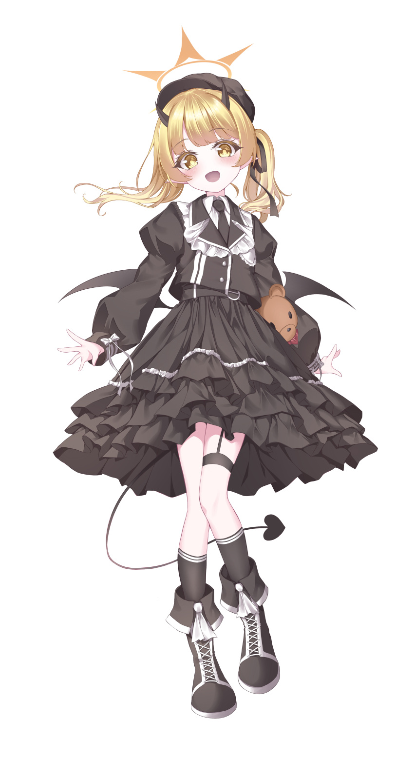 1girl absurdres amerika_neko beret black_dress black_footwear black_headwear black_horns black_necktie black_socks black_tail black_wings blonde_hair blue_archive blush boots collared_shirt demon_horns demon_tail demon_wings dress hat highres horns ibuki_(blue_archive) long_hair long_sleeves necktie open_mouth pointy_ears shirt simple_background smile socks solo tail twintails white_background white_shirt wings yellow_eyes