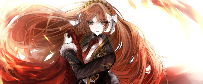 1girl black_jacket bow brown_hairband cape closed_mouth collared_shirt fire fur-trimmed_sleeves fur_trim hair_bow hairband highres holding holding_cape holding_clothes ishmael_(project_moon) jacket limbus_company long_sleeves luull matador necktie orange_hair project_moon red_cape red_necktie shirt solo white_bow white_shirt