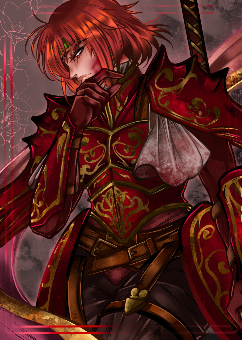 1girl arm_guards armor blood blood_on_clothes blood_on_face breastplate cape fire_emblem fire_emblem:_mystery_of_the_emblem fire_emblem:_shadow_dragon_and_the_blade_of_light headband highres holding holding_weapon injury minerva_(fire_emblem) pauldrons red_eyes redhead short_hair shoulder_armor solo upper_body weapon zantetsukennn