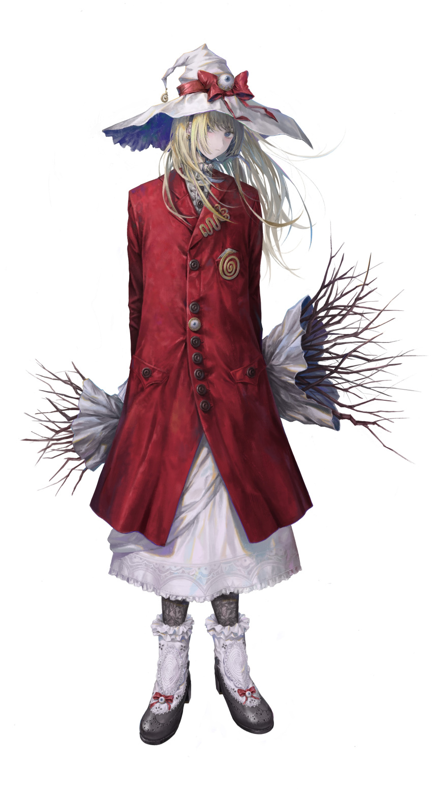 1girl absurdres animal_ears blonde_hair blue_eyes boots bow branch closed_mouth coat commentary dress earclip english_commentary eyeball highres long_hair looking_at_viewer original red_bow red_coat simple_background solo stick subfiction white_background white_dress white_footwear white_headwear