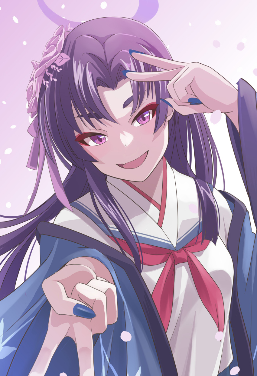 1girl blue_archive blue_nails commentary_request fingernails flower gyaru_v hair_flower hair_ornament halo haori highres hime_cut japanese_clothes long_hair looking_at_viewer neckerchief nikulas_cage open_mouth pink_flower purple_hair purple_halo red_neckerchief school_uniform serafuku smile solo upper_body v violet_eyes yukari_(blue_archive)