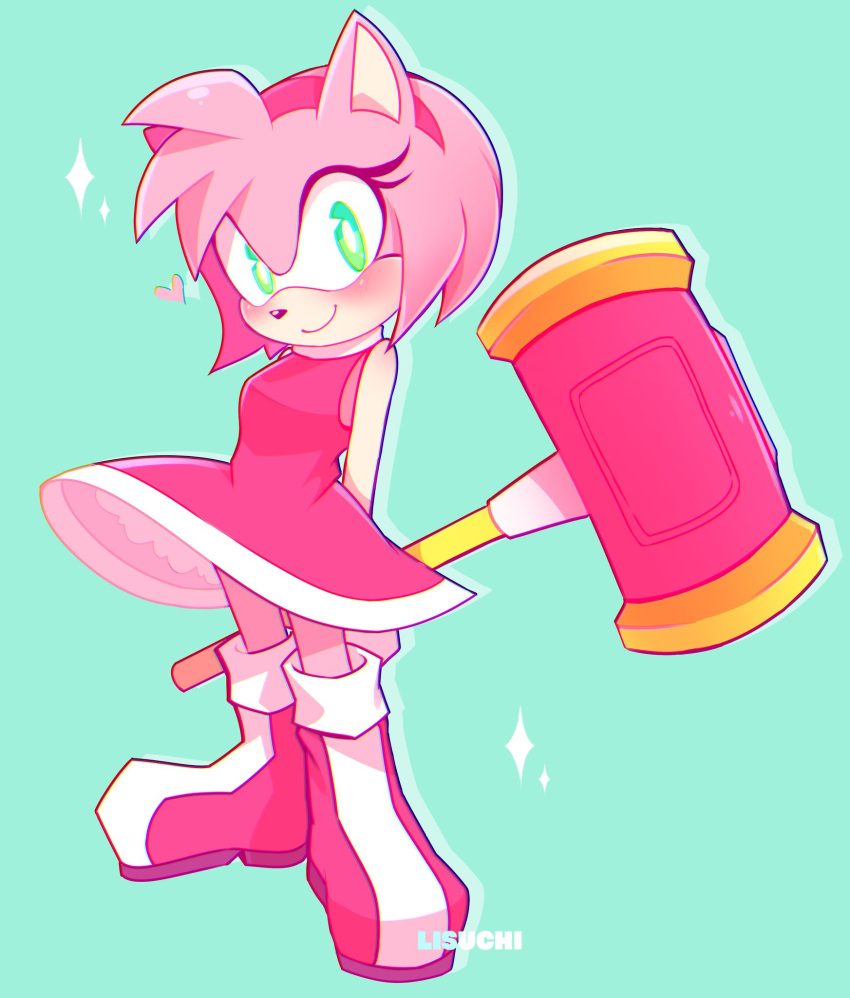 1girl amy_rose blush dress eyelashes green_background green_eyes hairband hammer heart highres holding holding_hammer lisuchi looking_at_viewer pink_fur red_dress red_footwear red_hairband sleeveless sleeveless_dress smile sonic_(series) sparkle