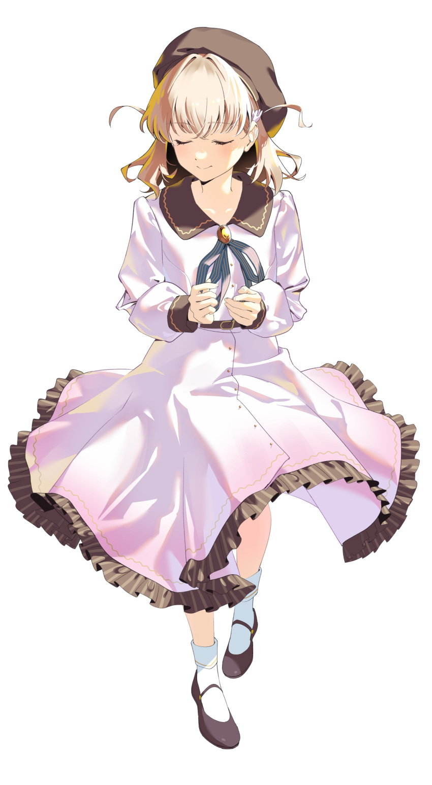 1girl absurdres beret brown_footwear brown_headwear brown_sailor_collar buttons closed_eyes closed_mouth dress frilled_dress frills full_body hat highres hinoshita_kaho koiori light_brown_hair link!_like!_love_live! looking_down love_live! mary_janes sailor_collar sailor_dress shoes simple_background smile socks solo two_side_up white_background white_dress white_socks