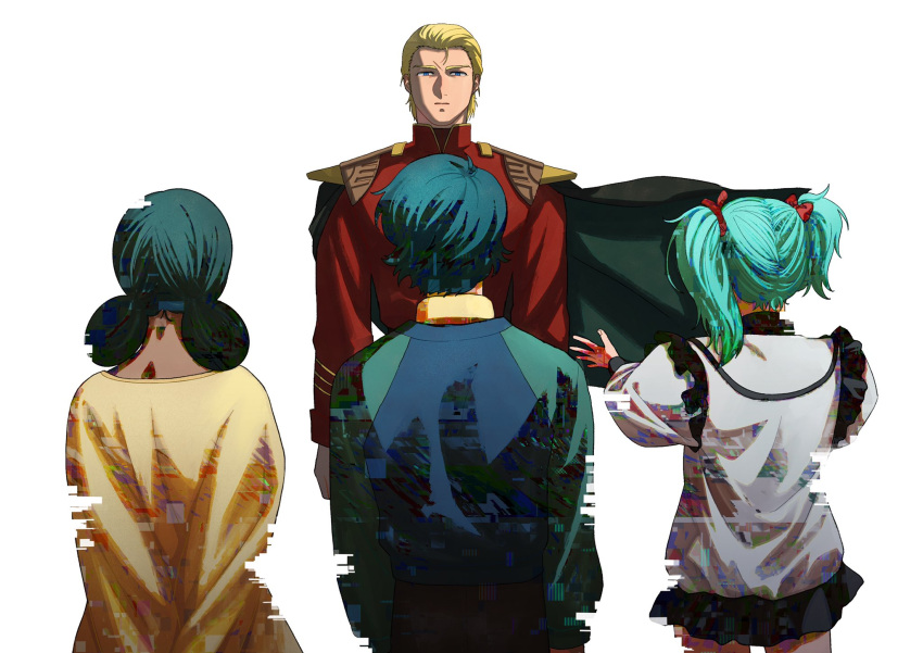 2boys 2girls arms_at_sides arms_behind_back black_cape black_skirt blonde_hair blood blood_on_hands blue_eyes bow cape char's_counterattack char_aznable closed_mouth commentary_request digital_dissolve double_bun dress facing_away floating_cape green_hair green_sweater gundam hair_bow hair_bun highres jacket kamille_bidan kogetoriten_999 lalah_sune long_sleeves military_jacket mobile_suit_gundam multiple_boys multiple_girls outstretched_arms pleated_skirt quess_paraya red_bow red_jacket short_hair simple_background skirt spoilers sweater twintails white_background white_jacket yellow_dress zeta_gundam