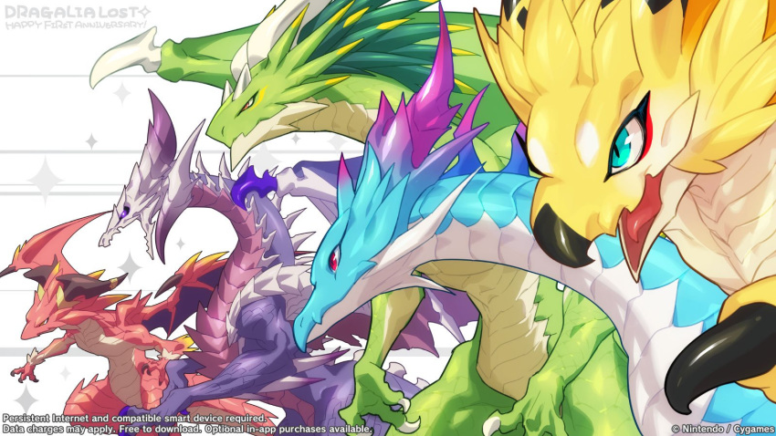 2girls 3boys anniversary black_sclera blue_eyes brunhilda_(dragalia_lost) claws colored_sclera copyright_name dragalia_lost dragon dragon_horns dragon_tail dragon_wings english_commentary from_side happy_anniversary highres horns jupiter_(dragalia_lost) looking_to_the_side mercury_(dragalia_lost) midgardsormr_(dragalia_lost) multiple_boys multiple_girls official_art red_eyes tail violet_eyes wings yanagawa_eri zodiark_(dragalia_lost)