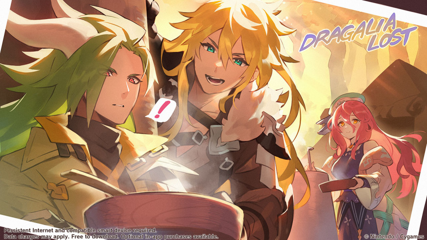 ! 1girl 2boys alberius_(dragalia_lost) artist_request beret blod bowl chest_strap cooking copyright_name dragalia_lost dragon_horns green_eyes green_hair hat holding holding_bowl holding_ladle horns humanoid_midgardsormr_(dragalia_lost) ladle looking_at_another looking_at_food multiple_boys myriam_(dragalia_lost) official_art open_mouth photo_(object) red_eyes redhead smile speech_bubble spoon steam steaming_food tent
