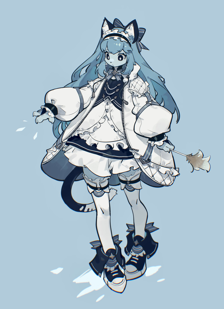 1girl absurdres animal_ear_fluff animal_ears black_eyes blue_background blue_bow blue_bowtie blue_footwear blue_fur blue_hair blue_theme body_fur bow bowtie bright_pupils cat_ears cat_girl cat_tail collared_jacket commentary diamond-shaped_pupils diamond_(shape) drawstring fewer_digits footwear_bow frilled_hairband frills full_body furry furry_female hair_bow hairband highres jacket long_hair long_sleeves open_clothes open_jacket original puffy_long_sleeves puffy_sleeves shiiorina shoes simple_background skirt sneakers solo standing symbol-only_commentary symbol-shaped_pupils tail thigh-highs whiskers white_jacket white_pupils white_skirt white_thighhighs wide-eyed zipper