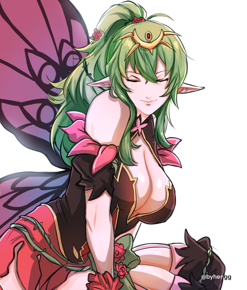 1girl absurdres bare_shoulders breasts butterfly_wings cleavage_cutout clothing_cutout double-parted_bangs fire_emblem fire_emblem_heroes flower green_hair hair_between_eyes highres insect_wings large_breasts pointy_ears ponytail rose sierra117renner simple_background solo thigh-highs tiara tiki_(adult)_(fire_emblem) tiki_(adult)_(resplendent)_(fire_emblem) tiki_(fire_emblem) twitter_username white_background wings