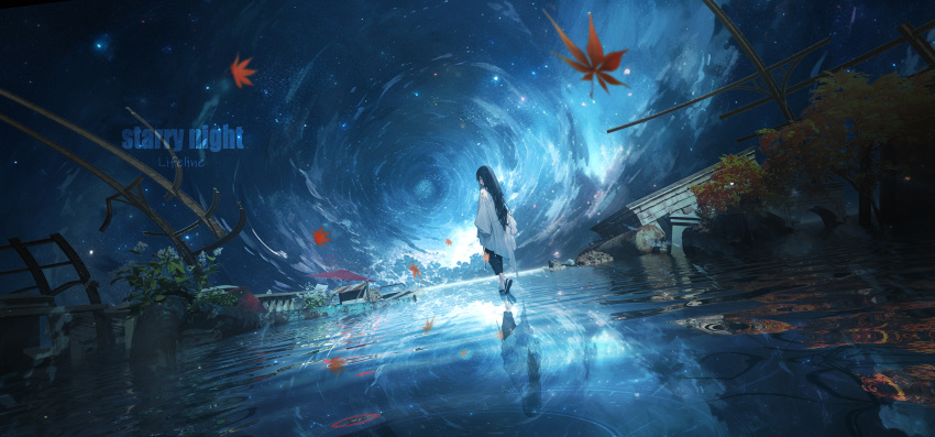 1girl absurdres black_hair black_pants highres leaf lifeline_(a384079959) long_hair night night_sky original outdoors pants reflection reflective_water sky solo tree white_poncho