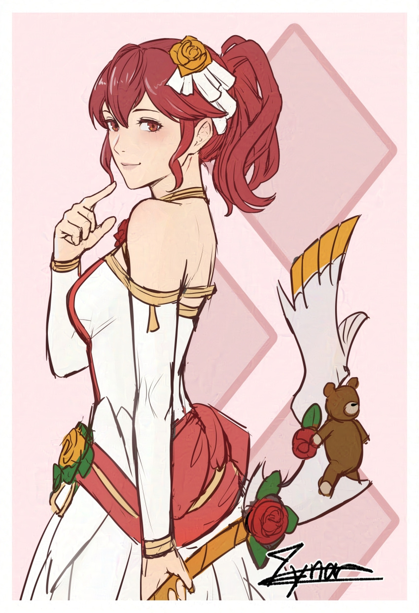 1girl anna_(bridal)_(fire_emblem) anna_(fire_emblem) bow_(weapon) cm_lynarc detached_sleeves dress fire_emblem fire_emblem_awakening fire_emblem_heroes flower from_side hair_between_eyes hair_flower hair_ornament highres holding holding_bow_(weapon) holding_weapon looking_at_viewer official_alternate_costume ponytail red_eyes redhead signature smile solo weapon wedding_dress white_dress
