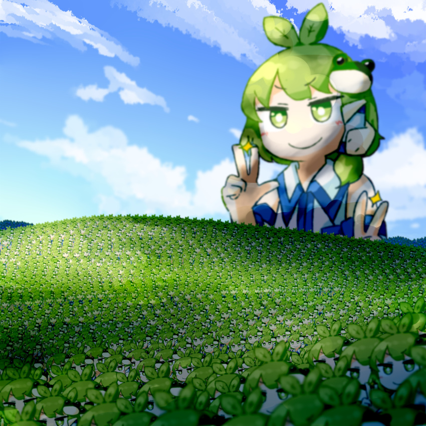 6+girls antenna_hair bliss_(image) blue_sky breasts bright_pupils closed_mouth clouds collared_shirt commentary_request day detached_sleeves double_w frog_hair_ornament green_eyes green_hair hair_ornament highres kochiya_sanae looking_at_viewer medium_bangs microsoft_windows multiple_girls multiple_persona outdoors plant_hair shirt short_hair single_hair_tube single_sidelock sky sleeveless sleeveless_shirt small_breasts smile snake_hair_ornament touhou upper_body w white_pupils white_shirt white_sleeves wide_sleeves windows_xp yaise