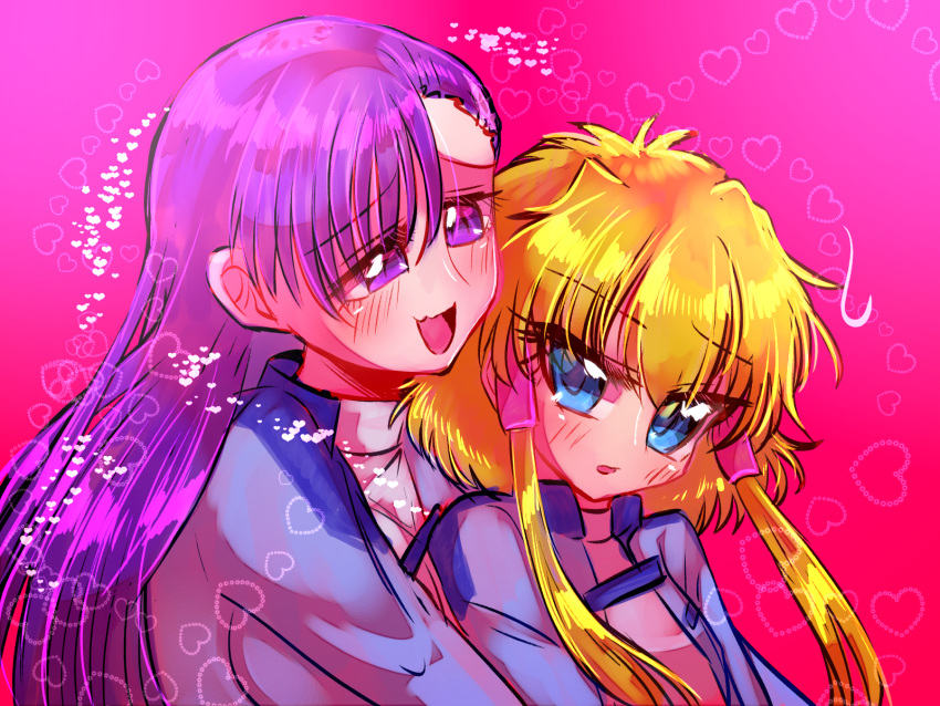 2girls blonde_hair blue_eyes blue_jacket blush breasts hair_behind_ear hair_tubes heart highres hug hug_from_behind jacket lavinia_liberus looking_back medium_breasts multiple_girls open_mouth pink_background purple_hair sara_werec shippuu_jinnari short_hair_with_long_locks smile soukou_no_strain sweater violet_eyes white_sweater yuri