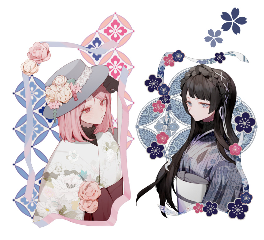 2girls :3 black_hair black_hairband black_shirt blue_eyes blue_headwear blue_kimono chinese_commentary closed_mouth commentary_request cross-laced_hairband eyelashes floral_print flower frilled_hairband frilled_shirt_collar frills hair_ribbon hairband hakama hakama_skirt hat hat_flower high-waist_skirt japanese_clothes kimono km2o4 lace-trimmed_headwear lace_trim light_frown lolita_hairband long_hair looking_ahead medium_hair multiple_girls original pink_eyes pink_flower pink_hair pink_rose red_hakama red_skirt ribbon rose sash shirt simple_background skirt smile straight_hair turtleneck upper_body very_long_hair white_background white_flower white_kimono white_ribbon white_rose white_sash