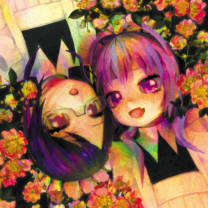 2girls :o commentary english_commentary fang flower from_above glasses looking_at_viewer lying maid medium_hair multiple_girls on_back open_mouth original purple_hair skin_fang ufoshock violet_eyes