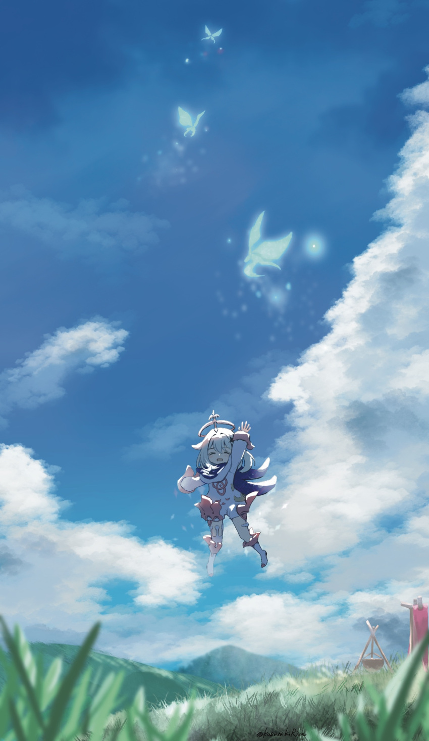 1girl :d ^_^ arm_up artist_name black_cape blue_sky blurry blurry_foreground boots bug campfire cape closed_eyes clouds commentary_request cooking_pot crystalfly_(genshin_impact) day flying genshin_impact gold_trim grass hair_between_eyes hair_ornament halo highres hill kusunoki_r long_sleeves medium_hair open_mouth outdoors paimon_(genshin_impact) sidelocks single_thighhigh sky smile solo star_(symbol) star_hair_ornament tent thigh-highs twitter_username waving white_footwear white_hair white_thighhighs wide_sleeves