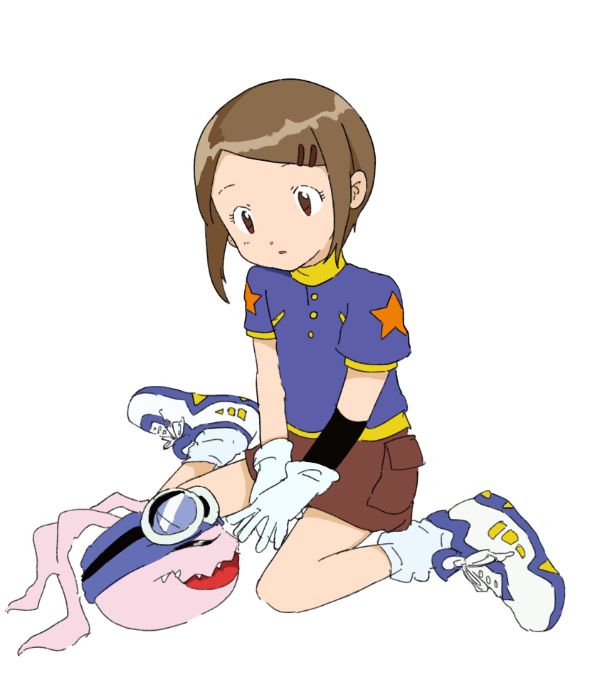 1girl absurdres brown_hair brown_shorts cosplay digimon digimon_(creature) digimon_adventure_02 fangs gloves goggles goggles_on_head gomi_sketch highres koromon open_mouth short_hair shorts simple_background socks white_background white_gloves white_socks yagami_hikari yagami_taichi yagami_taichi_(cosplay)