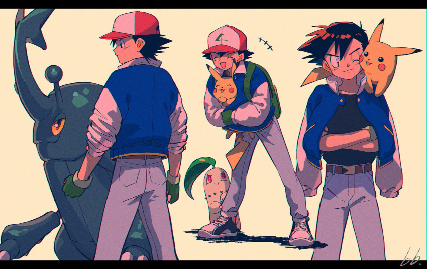 1boy :3 :d :t ^_^ artist_name ash_ketchum baseball_cap belt black_border black_hair blue_jacket border brown_belt chikorita clenched_hands closed_eyes commentary_request crossed_arms denim fingerless_gloves full_body gloves green_gloves hat heracross highres holding holding_pokemon jacket kwsby_124 long_sleeves male_focus multiple_views on_shoulder one_eye_closed pikachu pokemon pokemon_(anime) pokemon_(classic_anime) pokemon_(creature) pokemon_on_shoulder profile red_headwear shirt_tucked_in shoes simple_background smile sneakers yellow_background