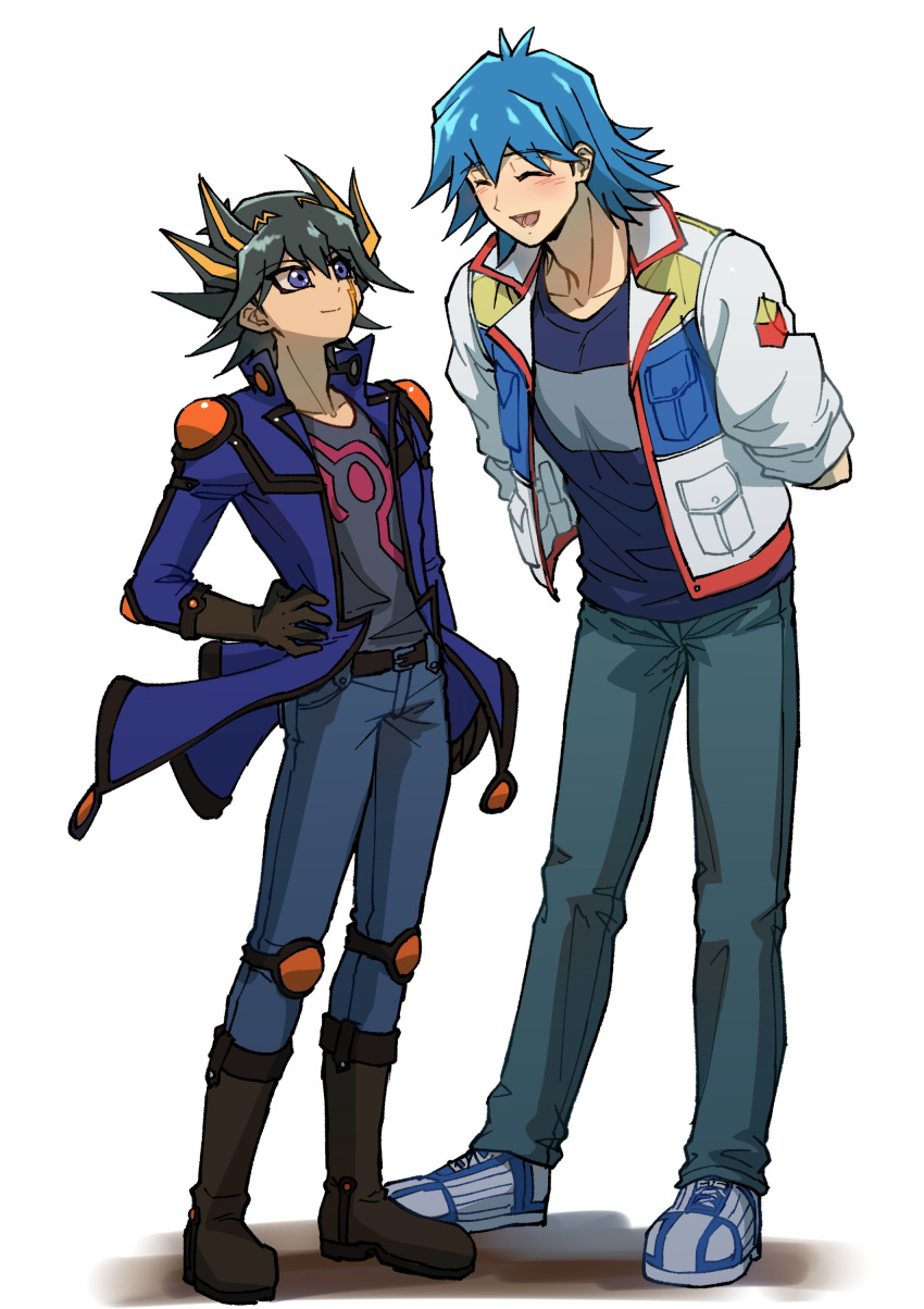 2boys absurdres arms_behind_back belt black_hair black_shirt blue_eyes blue_hair blue_jacket blue_pants blue_shirt boots brown_footwear brown_gloves bruno_(yu-gi-oh!) closed_eyes denim elbow_pads facial_mark facial_tattoo fudou_yuusei gloves hand_on_own_hip height_difference highres jacket jeans knee_pads leaning leaning_back leaning_forward looking_at_another male_focus marking_on_cheek multicolored_hair multiple_boys open_clothes open_jacket open_mouth pants shadow shirt shoes short_hair shoulder_pads simple_background sleeves_rolled_up smile sneakers spiky_hair standing streaked_hair t-shirt tattoo white_background white_footwear white_jacket youko-shima yu-gi-oh! yu-gi-oh!_5d's