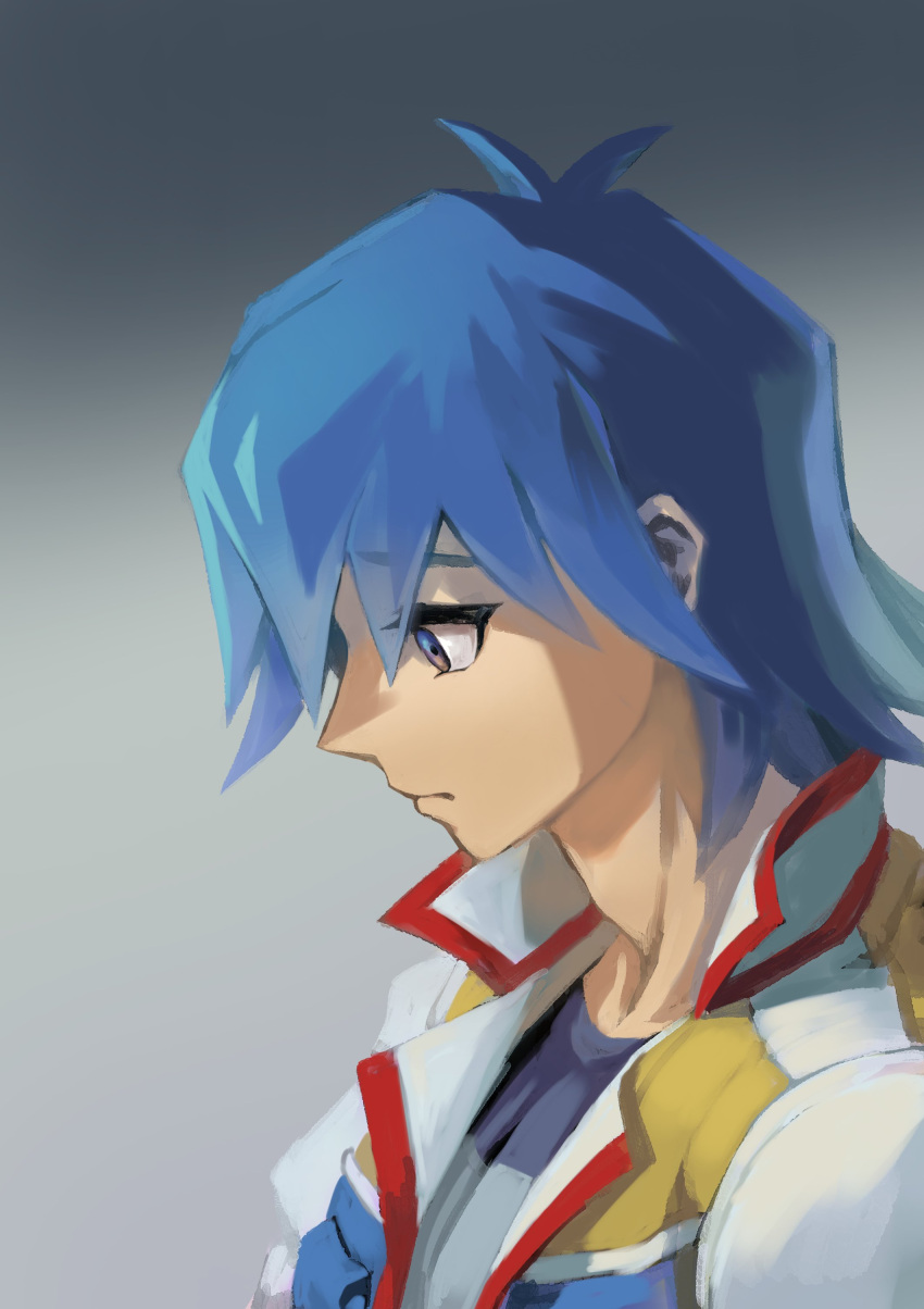 1boy absurdres blue_eyes blue_hair blue_shirt bruno_(yu-gi-oh!) facing_to_the_side frown gradient_background grey_background grey_eyes high_collar highres jacket light_frown looking_down male_focus open_clothes open_jacket sad shirt short_hair simple_background solo t-shirt youko-shima yu-gi-oh! yu-gi-oh!_5d's