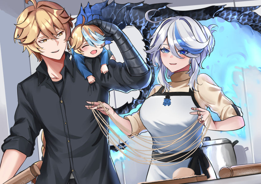 1girl 2boys absurdres aether_(genshin_impact) ahoge apron black_shirt blonde_hair blue_eyes blue_hair breasts collared_shirt cutting_board family father_and_son food furina_(genshin_impact) genshin_impact hair_between_eyes highres holding holding_food husband_and_wife if_they_mated indoors large_breasts long_sleeves mother_and_son multicolored_hair multiple_boys noodles rolling_pin shirt sleeves_rolled_up streaked_hair sweater tian_kazuki turtleneck turtleneck_sweater two-tone_hair white_apron white_hair yellow_eyes yellow_sweater