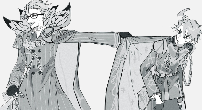 2boys ahoge cape epaulettes facial_hair fate/grand_order fate_(series) glasses gloves greyscale hair_between_eyes highres jacket james_moriarty_(archer)_(fate) james_moriarty_(ruler)_(fate) kaigan0211 long_sleeves male_focus monochrome multiple_boys open_mouth pants simple_background sketch sweat