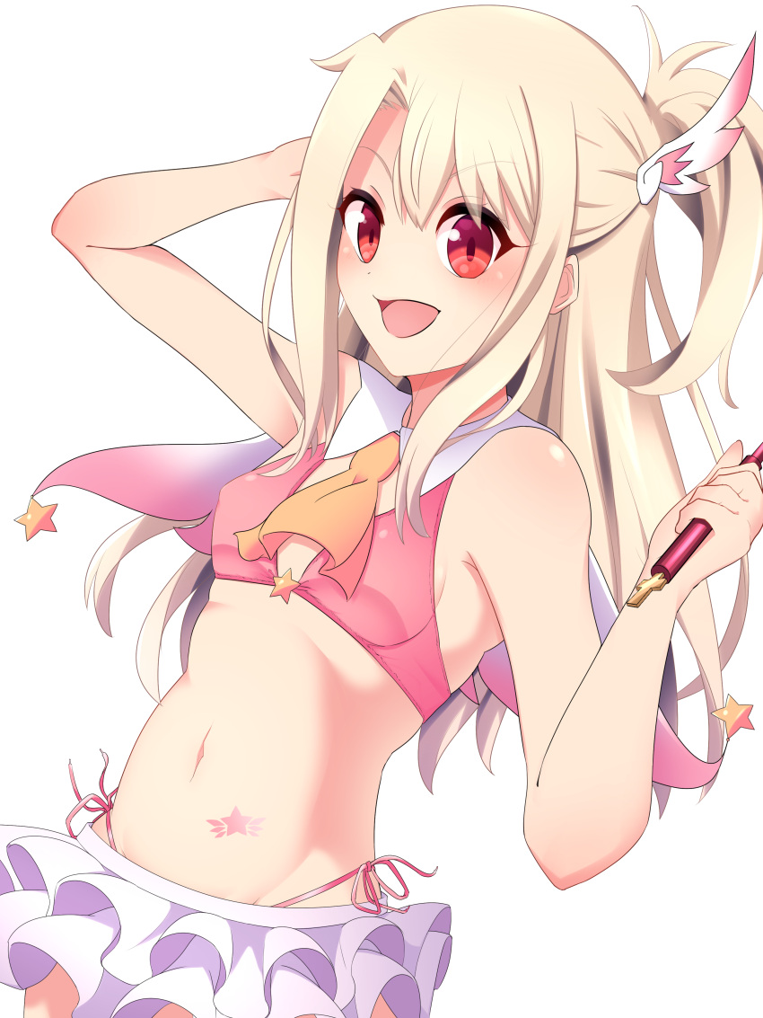 1girl arm_up bare_shoulders blonde_hair blush breasts crop_top fate/grand_order fate/kaleid_liner_prisma_illya fate_(series) feather_hair_ornament hair_between_eyes hair_ornament hand_on_own_head holding holding_staff illyasviel_von_einzbern loli long_hair magical_girl magical_ruby midriff miniskirt navel open_mouth prisma_illya red_eyes sidelocks simple_background skirt sleeveless small_breasts solo staff star_(symbol) stomach straight_hair tank_top tei_(oekakikaki) white_background
