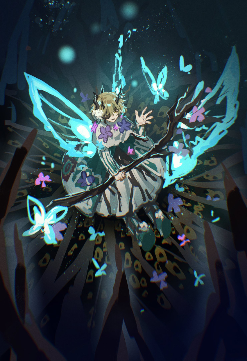1boy blonde_hair branch bug butterfly dress e.g.o_(project_moon) fairy_wings flower forest hand_up highres holding holding_branch limbus_company long_sleeves looking_at_viewer male_focus nature parted_lips project_moon shiqicheng sinclair_(project_moon) smile solo staff white_dress wings yellow_eyes