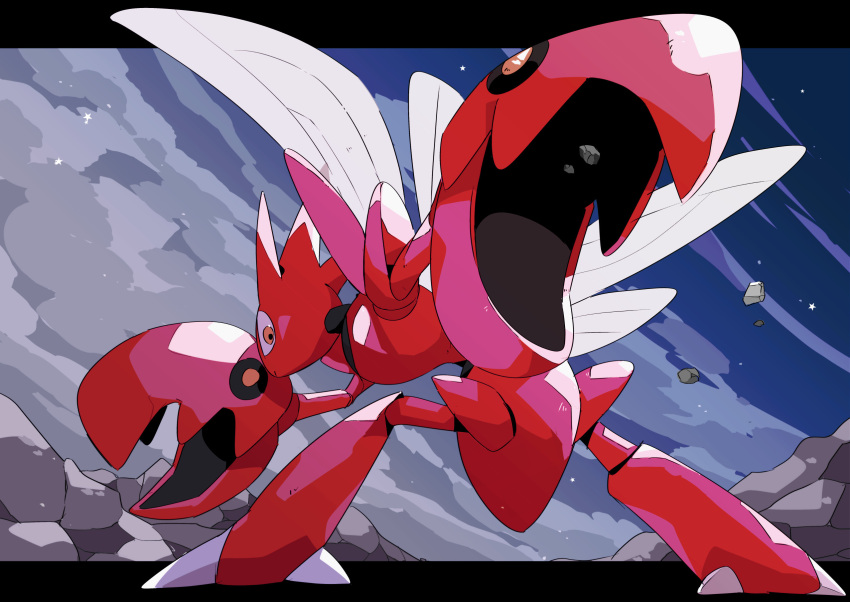 45_(maruyaki45) clouds cloudy_sky foreshortening highres insect_wings leaning_forward legs_apart letterboxed looking_at_viewer night no_humans outside_border pincers pokemon pokemon_(creature) rock scizor sky solo standing star_(symbol) wings yellow_eyes