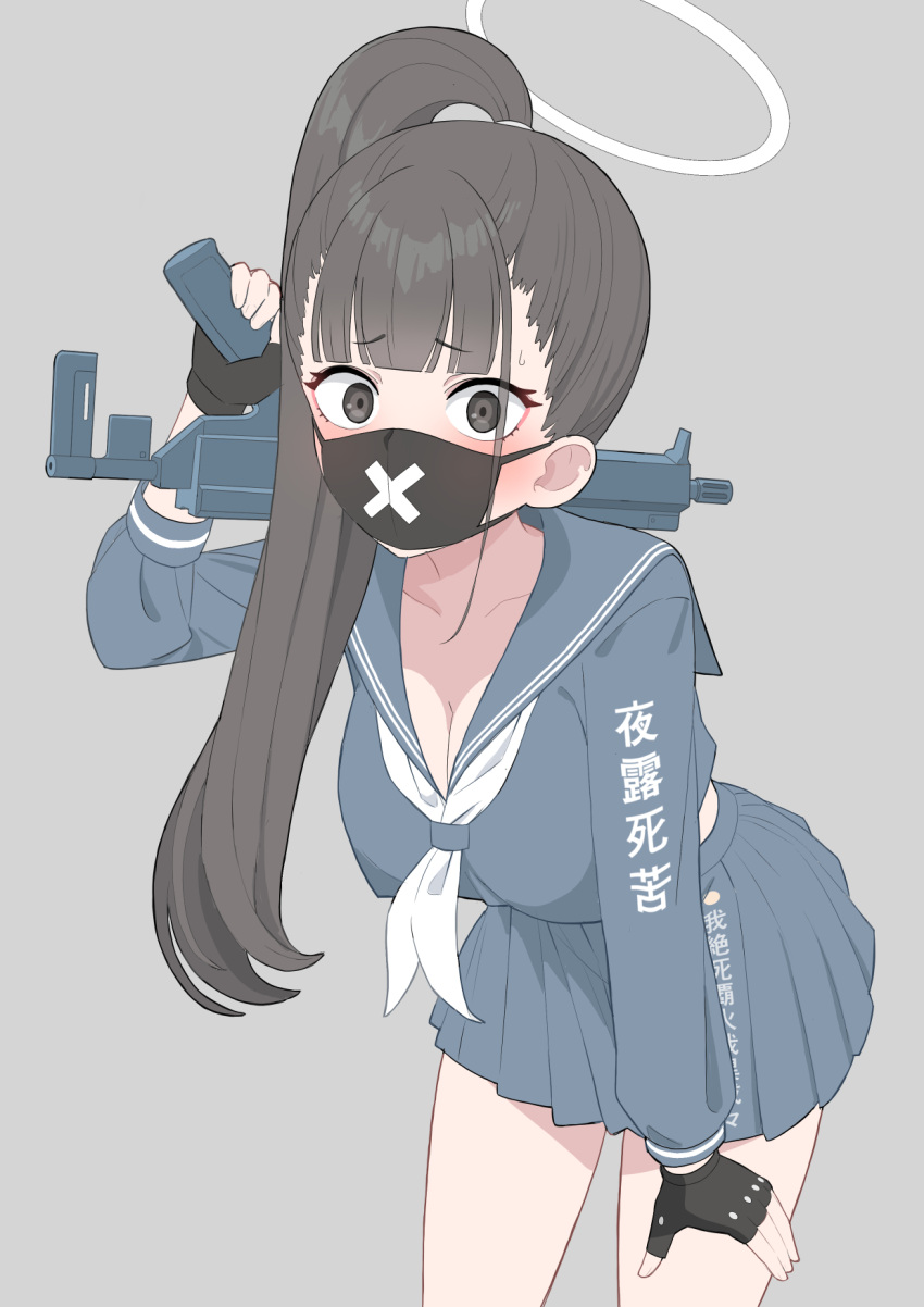 1girl black_eyes black_hair black_mask blue_archive blush breasts gloves grey_background halo highres large_breasts long_hair looking_at_viewer mask mouth_mask ponytail school_uniform serafuku simple_background skirt solo sukeban_(smg)_(blue_archive) wt_zeroyama