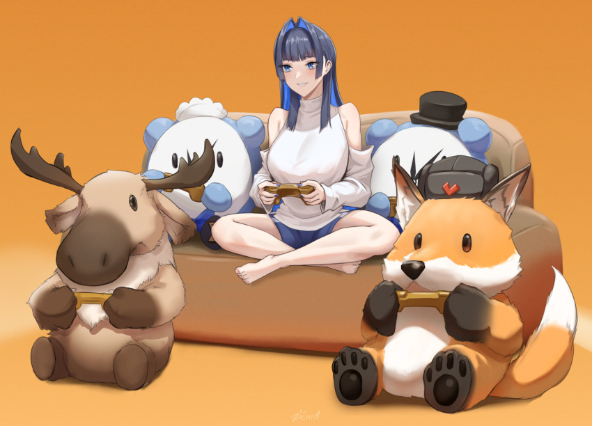 1girl animal black_hair blue_eyes blue_hair blue_shorts controller couch detached_sleeves fox game_controller hair_intakes hat holding holding_controller holding_game_controller hololive hololive_english moose multicolored_hair on_couch ouro_kronii shorts sweater top_hat turtleneck turtleneck_sweater two-tone_hair virtual_youtuber zenya