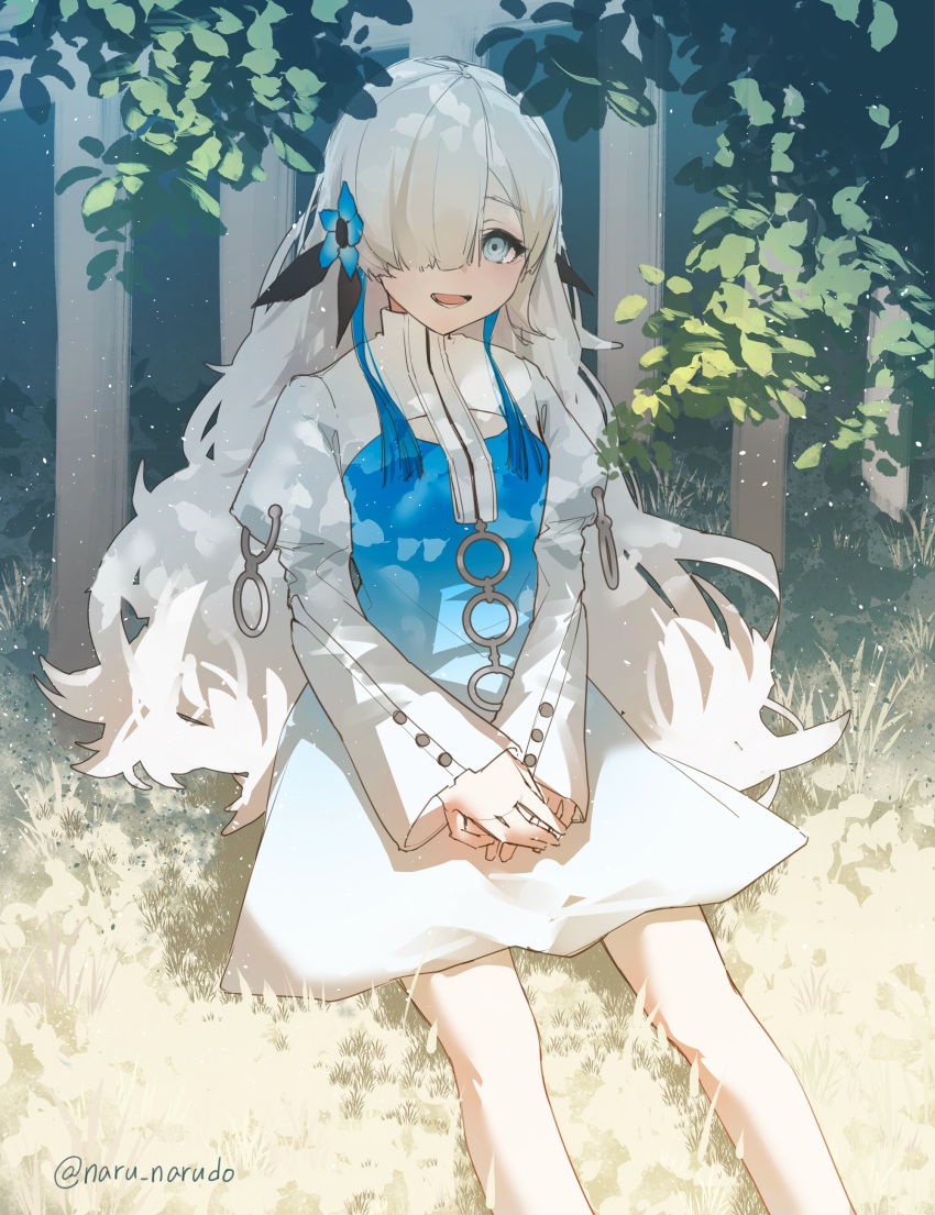 1girl absurdres blue_dress blue_eyes blue_flower blue_hair commentary_request dappled_sunlight dress eyelashes feet_out_of_frame flower grass hair_flower hair_ornament hair_over_one_eye hands_on_lap highres isekai_joucho kamitsubaki_studio leaf legs long_hair long_sleeves looking_at_viewer multicolored_hair narudo open_mouth outdoors own_hands_together pale_skin sitting smile solo sunlight teeth tongue two-tone_dress two-tone_hair virtual_youtuber white_dress white_hair