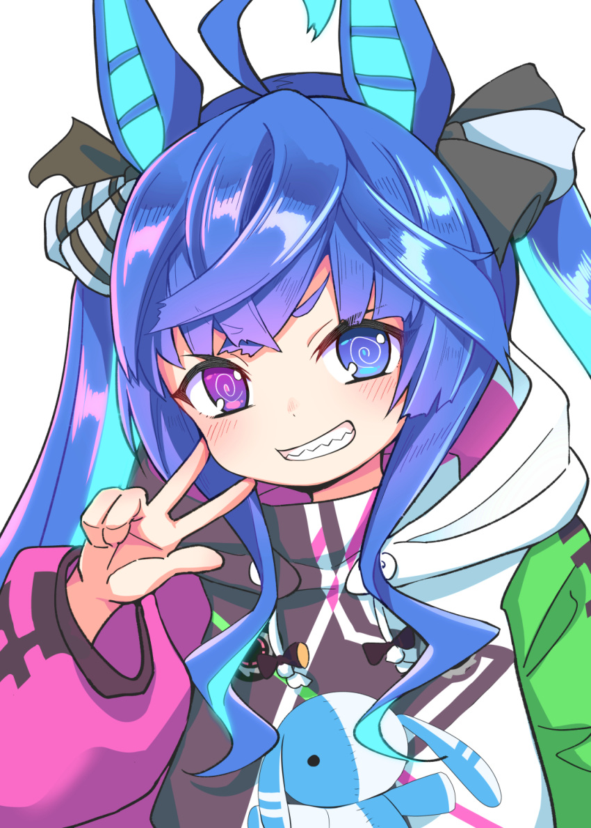 1girl @_@ ahoge animal_ears aqua_hair blue_eyes blue_hair bow commentary crossed_bangs drawstring grin hair_bow hand_up heterochromia highres hood hoodie horse_ears horse_girl long_sleeves looking_at_viewer miyao_ryuu multicolored_clothes multicolored_hair multicolored_hoodie sharp_teeth sidelocks simple_background smile solo striped striped_bow stuffed_animal stuffed_rabbit stuffed_toy teeth twin_turbo_(umamusume) twintails two-tone_hair umamusume upper_body violet_eyes w white_background