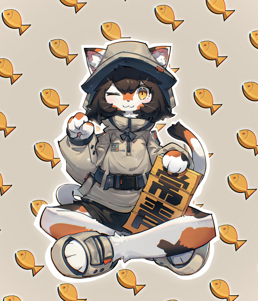 1girl ;3 absurdres animal_ear_fluff animal_ears animal_print belt black_shorts body_fur brown_background brown_footwear brown_hair brown_headwear brown_jacket calico cat_ears cat_girl cat_tail collared_jacket commentary ears_through_headwear fewer_digits fish_print full_body furry furry_female hand_up hat highres holding holding_sign indian_style jacket long_sleeves looking_at_viewer maneki-neko one_eye_closed original outline pouch sandals shiiorina short_hair shorts sign simple_background sitting slit_pupils smile solo straight-on symbol-only_commentary tail toeless_footwear whiskers white_fur white_outline yellow_eyes