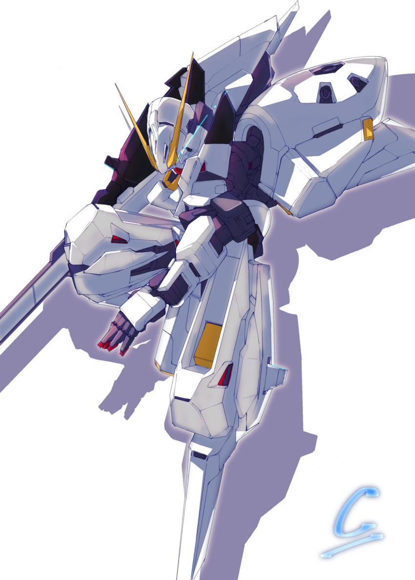 advance_of_zeta beam_rifle commentary_request energy_gun eye_trail green_eyes gun gundam highres holding holding_gun holding_weapon kuroiwa_cookie light_trail mecha mobile_suit no_humans outstretched_arm robot science_fiction shadow simple_background solo tr-6_woundwort v-fin weapon white_background