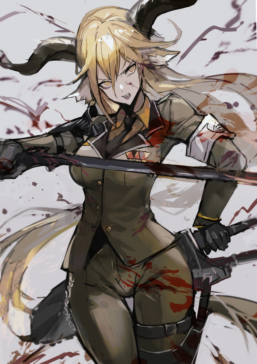 1girl absurdres animal_ear_fluff animal_ears arknights arm_strap armband armor belt belt_buckle black_belt black_gloves black_necktie blonde_hair blood blood_on_cheek blood_on_clothes blood_on_face blood_on_weapon blood_spray breasts bright_pupils buckle buttons chain chuhaibane collared_shirt commentary cowboy_shot crossed_bangs degenbrecher_(arknights) dot_nose double-parted_bangs dress_shirt epaulettes facing_viewer floating_hair gloves goat_ears goat_girl goat_horns green_jacket green_pants grey_background hair_between_eyes hand_on_handle hand_up head_tilt highres holding holding_sword holding_weapon horns jacket lapels large_breasts long_bangs long_hair long_sleeves looking_afar looking_to_the_side medal military military_jacket military_uniform multiple_swords multiple_weapons necktie notched_lapels open_mouth orange_shirt outstretched_arm pale_skin pants pauldrons print_armband scabbard serious shadow sheath sheathed shirt shoulder_armor shoulder_pads sidelocks sideways_glance single_epaulette single_pauldron solo standing straight_hair sword teeth thigh_belt thigh_strap tongue uniform unsheathed upper_teeth_only v-shaped_eyebrows very_long_hair weapon white_armband white_pupils wing_collar yellow_eyes