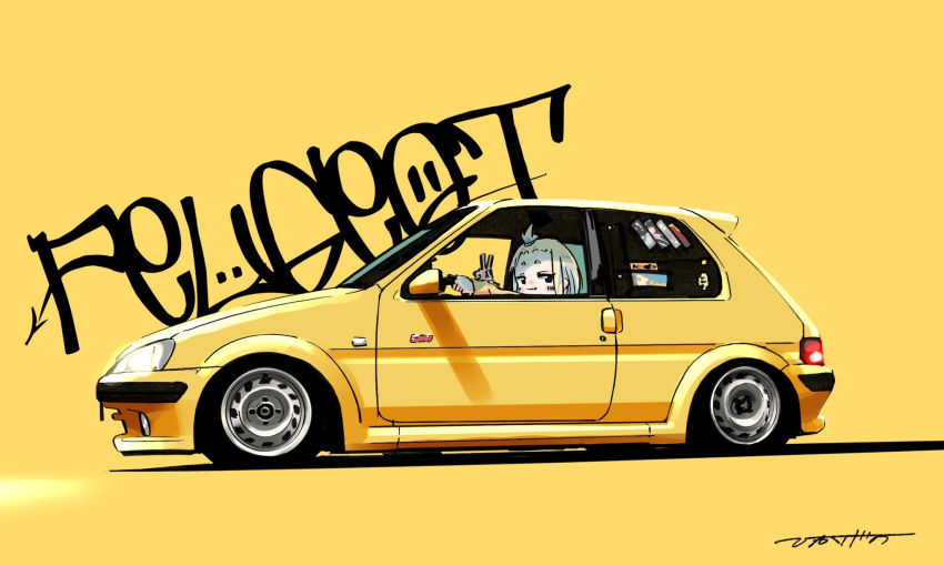 1girl :3 brown_eyes car driving forehead from_side glowing hair_behind_ear highres hikageno long_sleeves looking_at_viewer motor_vehicle original peugeot peugeot_106 shadow short_eyebrows signature smile smug solo sweater v vehicle_focus yellow_sweater