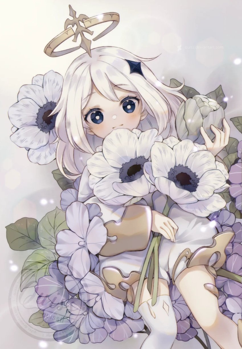 1girl anemone_(flower) artist_name black_eyes blush bright_pupils bud closed_mouth commentary_request eyelashes feet_out_of_frame flower genshin_impact gold_trim grey_background hair_between_eyes hair_ornament halo hand_up highres holding holding_flower hydrangea leaf lens_flare long_sleeves looking_at_viewer medium_hair mixed-language_commentary paimon_(genshin_impact) purple_flower quiss sidelocks simple_background single_thighhigh smile solo split_mouth star_(symbol) star_hair_ornament thigh-highs watermark white_flower white_hair white_pupils white_thighhighs wide_sleeves