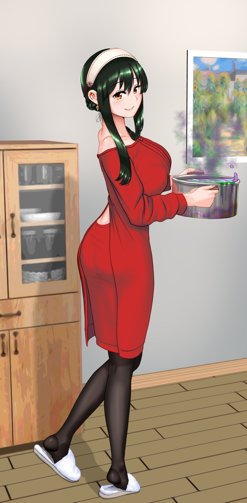 1girl absurdres black_hair black_pantyhose closed_mouth cooking_pot full_body hadairo_rainbow hairband highres holding_cooking_pot indoors pantyhose red_eyes red_skirt red_sweater shelf skirt slippers smile solo spy_x_family sweater walking white_hairband wooden_floor yor_briar
