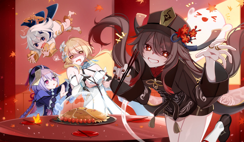 &gt;_&lt; +++ 4girls @_@ ^^^ absurdres autumn_leaves blonde_hair braid braided_ponytail brown_hair coat collared_coat commentary_request detached_sleeves dress drooling fainting falling_leaves fang floating flower flower-shaped_pupils food genshin_impact ghost grey_hair grin hat height_difference highres hu_tao_(genshin_impact) jewelry leaf long_hair long_sleeves looking_at_another looking_at_viewer lumine_(genshin_impact) maple_leaf mouth_drool multiple_girls multiple_rings ofuda paimon_(genshin_impact) partially_shaded_face purple_hair qiqi_(genshin_impact) red_eyes ring shoes shorts single_braid skin_fang smile socks strapless strapless_dress symbol-shaped_pupils table tailcoat very_long_hair yodare_(3yami8)