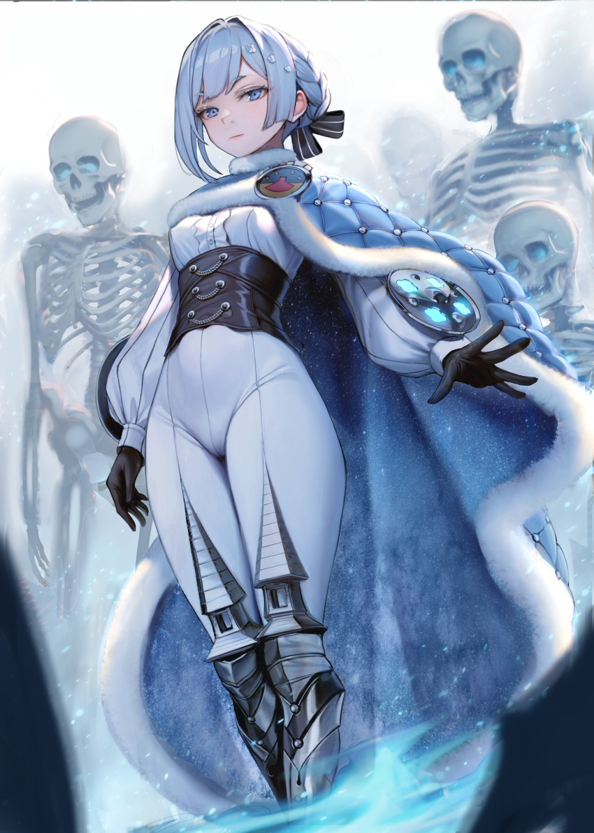 1girl akershus_fortress_(oshiro_project) black_gloves blue_cloak blue_eyes bodysuit braid center_frills cloak closed_mouth commission corset frills gloves grey_hair hair_ornament highres looking_at_viewer nyatabe oshiro_project oshiro_project_re pants skeb_commission skeleton thighs tight_clothes tight_pants white_bodysuit
