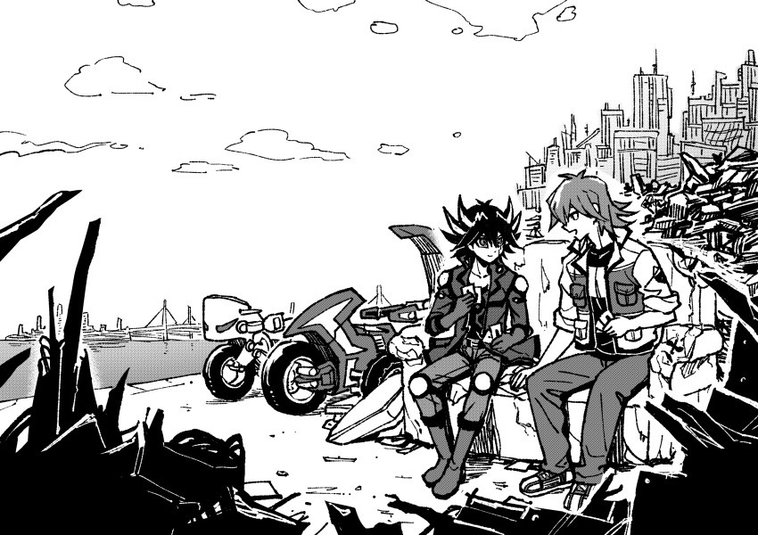 2boys belt black_hair boots bridge bruno_(yu-gi-oh!) card city cityscape clouds cloudy_sky couch d-wheel day dock facial_mark fudou_yuusei greyscale hand_up happy high_collar highres holding holding_card jacket junkyard knee_boots knee_pads looking_at_another male_focus marking_on_cheek monochrome motor_vehicle motorcycle multiple_boys ocean on_couch open_clothes open_jacket open_mouth outdoors pants pocket screentones shirt shoes short_hair shoulder_pads sitting sky skyline sleeves_rolled_up smile sneakers spiky_hair suspension_bridge talking trading_card youko-shima yu-gi-oh! yu-gi-oh!_5d's