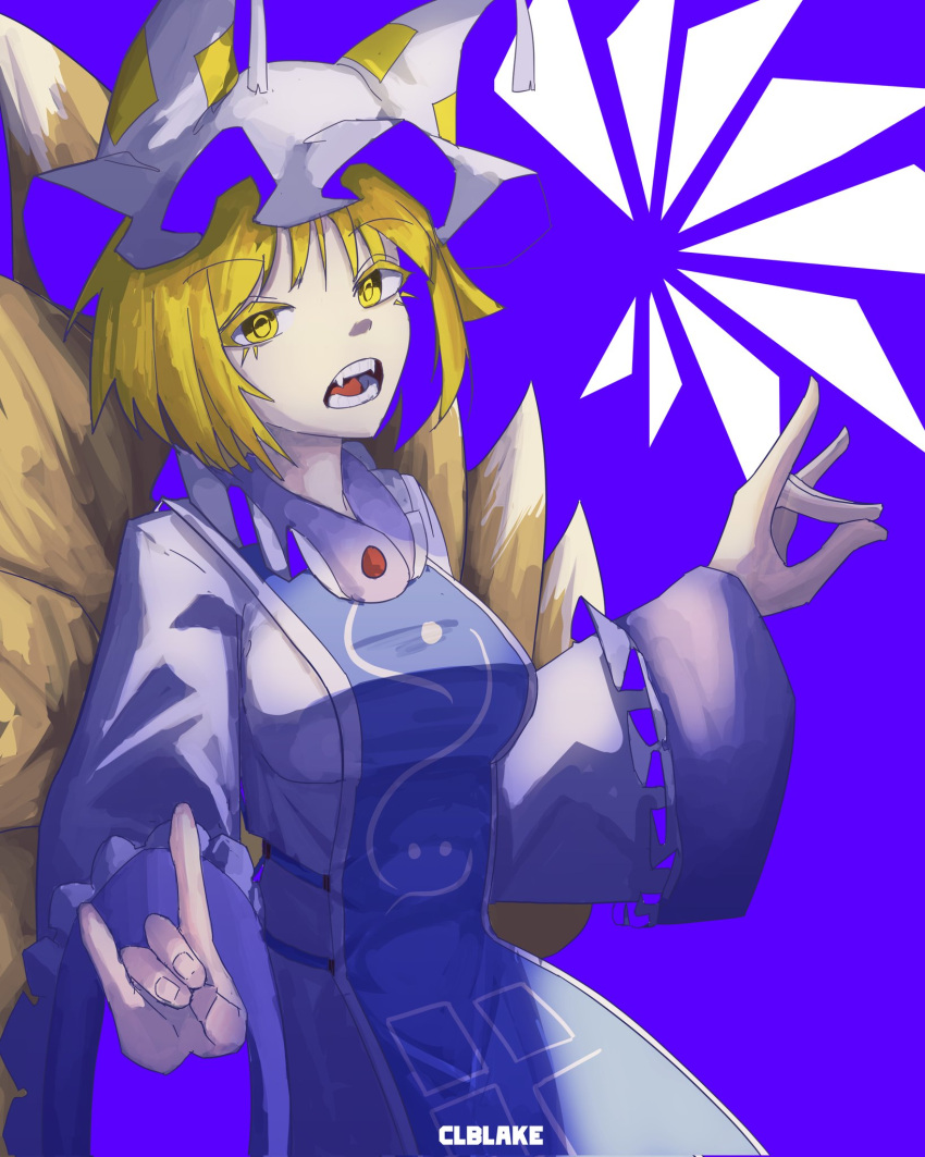 1girl artist_name blonde_hair blue_background breasts commentary corporalblake double_fox_shadow_puppet dress fangs fox_girl fox_shadow_puppet fox_tail hat highres kitsune long_sleeves looking_at_viewer mob_cap multiple_tails open_mouth short_hair solo tabard tail touhou white_dress white_headwear wide_sleeves yakumo_ran yellow_eyes