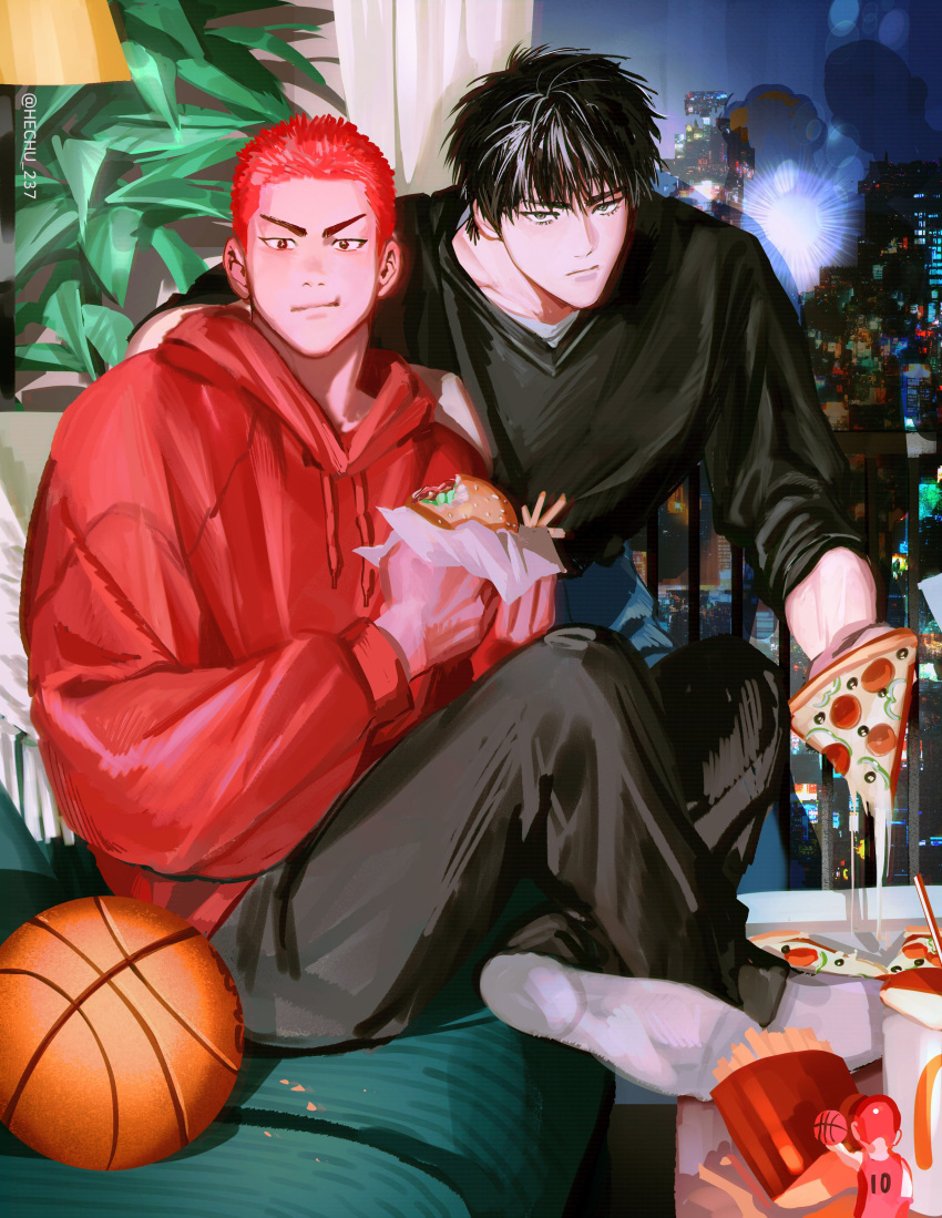 2boys absurdres ball basketball_(object) bishounen black_eyes black_hair black_pants black_shirt burger cityscape closed_mouth couch eating food french_fries hechu_237 highres holding holding_food holding_pizza hood hoodie indoors long_sleeves looking_at_viewer male_focus multiple_boys pants pizza pizza_slice plant red_hoodie redhead rukawa_kaede sakuragi_hanamichi shirt short_hair slam_dunk_(series) sleeves_rolled_up socks toned toned_male v-neck white_socks