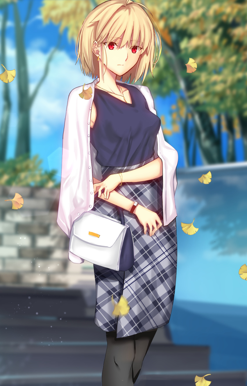 1girl alternate_costume antenna_hair arcueid_brunestud bag black_pantyhose blonde_hair blue_shirt blue_skirt blue_sky blurry blurry_background closed_mouth clouds commentary_request day earrings handbag highres holding holding_bag iro_(sekaixiro) jacket jacket_on_shoulders jewelry leaf looking_at_viewer necklace outdoors pantyhose plaid plaid_skirt red_eyes shirt short_hair single_hair_intake skirt sky sleeveless sleeveless_shirt solo stairs tree tsukihime watch watch white_bag white_jacket