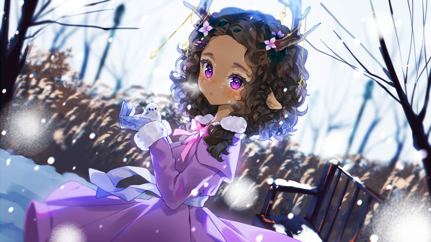 1girl animal animal_ears antlers bench bird black_hair blue_gloves blush capelet cheli_(kso1564) copyright_request dark-skinned_female dark_skin day flower forehead fur-trimmed_sleeves fur_trim gloves hair_flower hair_ornament hands_up highres holding holding_animal jacket long_sleeves looking_at_viewer looking_to_the_side outdoors parted_lips pleated_skirt purple_capelet purple_jacket purple_skirt skirt snow snowing solo thick_eyebrows violet_eyes virtual_youtuber white_flower